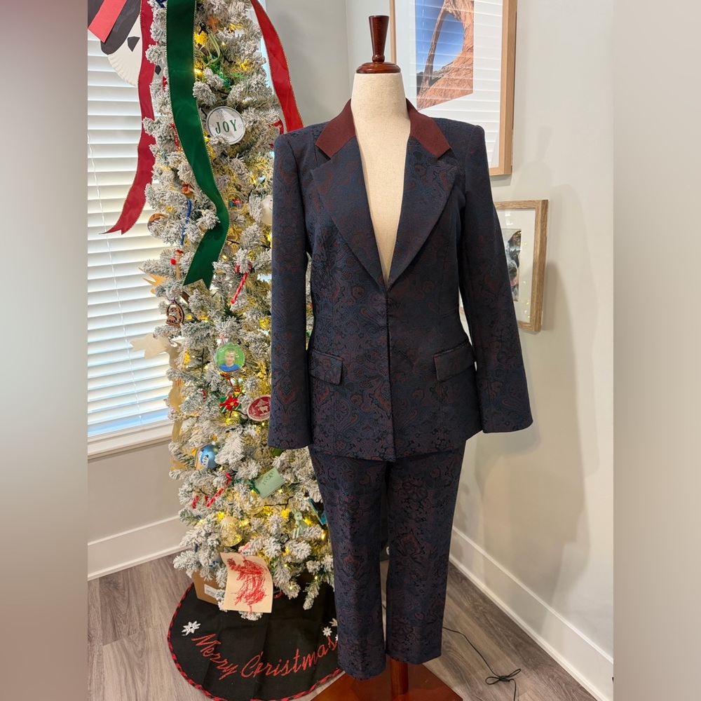 Kobi Halperin 2-Piece "Porsha" Navy Blue Brocade Blazer + Pants Set, Size L / 12